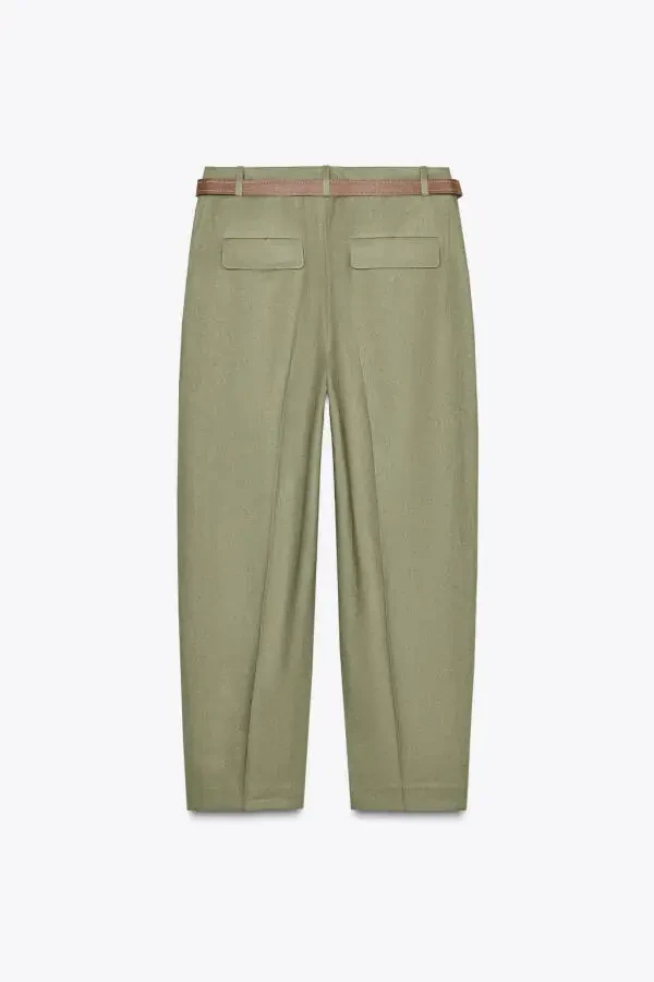 BELTED STRAIGHT LINEN TROUSERS-Light khaki - 7