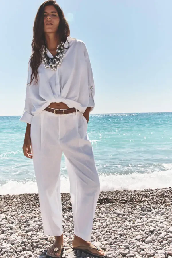 BELTED STRAIGHT LINEN TROUSERS-Off-white - 1