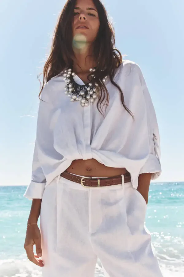 BELTED STRAIGHT LINEN TROUSERS-Off-white - 2