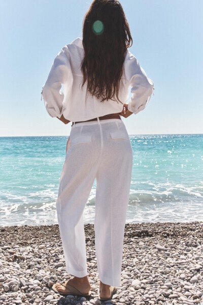 BELTED STRAIGHT LINEN TROUSERS-Off-white - 3