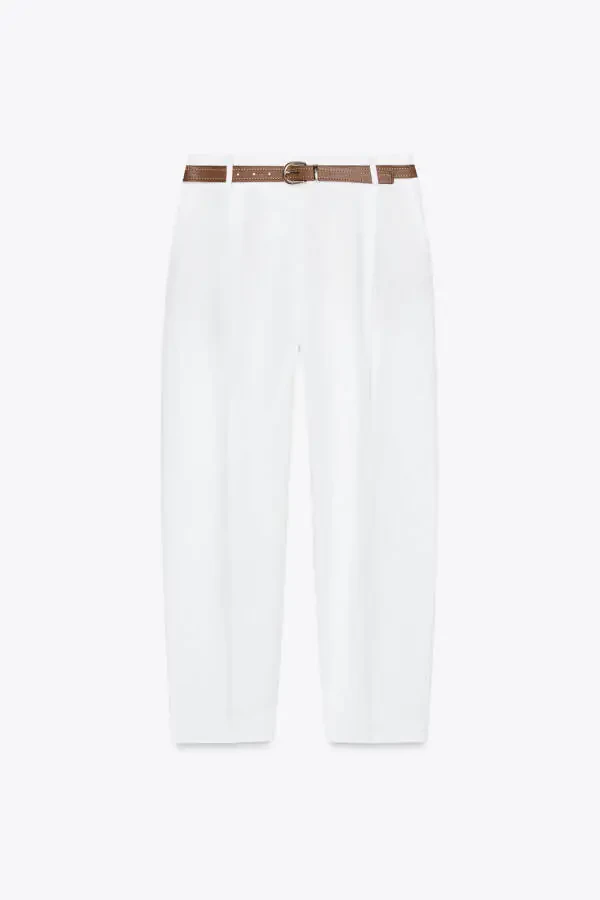 BELTED STRAIGHT LINEN TROUSERS-Off-white - 4