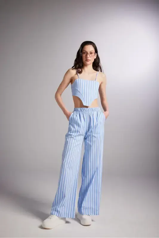 Belted Striped Harmony Poplin Trousers Blue - 1