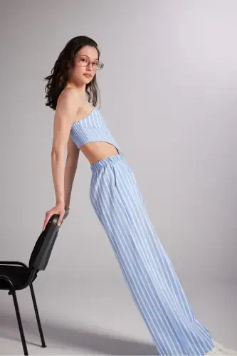 Belted Striped Harmony Poplin Trousers Blue - 3