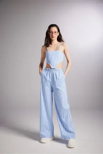 Belted Striped Harmony Poplin Trousers Blue - 4