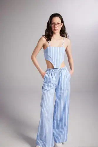 Belted Striped Harmony Poplin Trousers Blue - 7