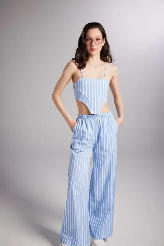 Belted Striped Harmony Poplin Trousers Blue - 7