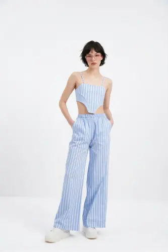 Belted Striped Harmony Poplin Trousers Blue - 5
