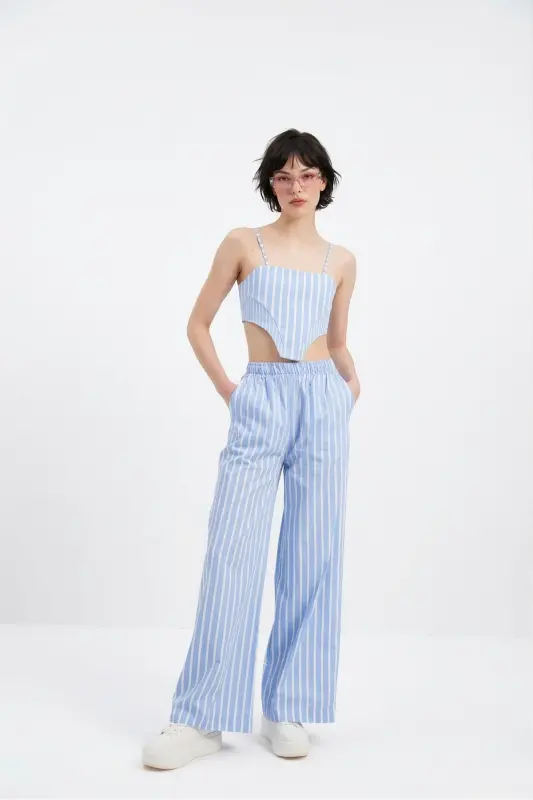 Belted Striped Harmony Poplin Trousers Blue - 5