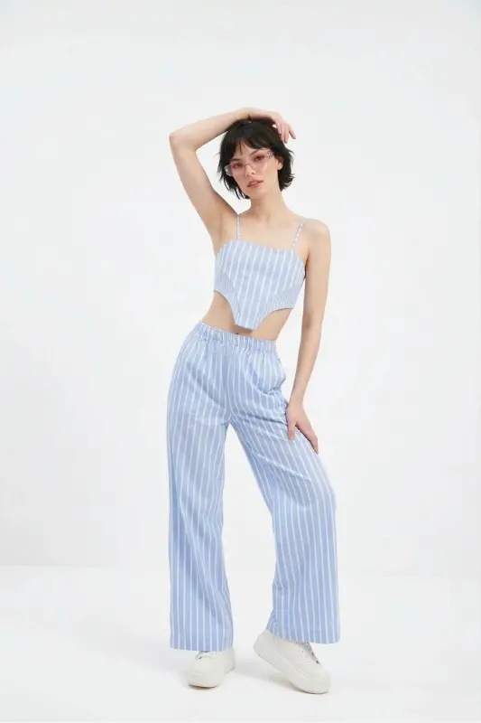 Belted Striped Harmony Poplin Trousers Blue - 7