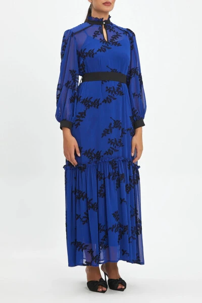 Belted Trucker-Sleeved Ruffle Floral Long Saks Black Dress 40411 - SERPIL