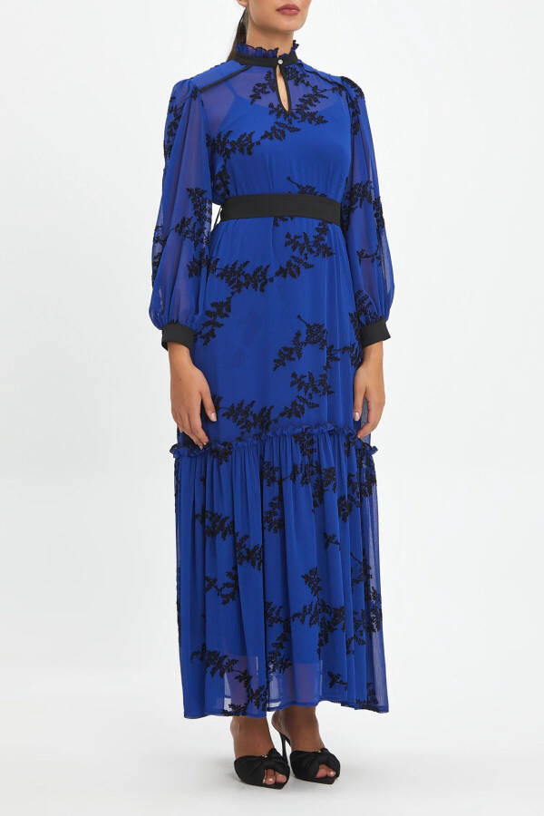 Belted Trucker-Sleeved Ruffle Floral Long Saks Black Dress 40411 - 1