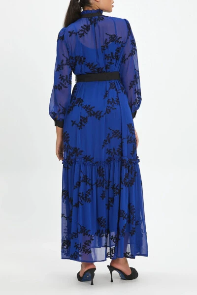 Belted Trucker-Sleeved Ruffle Floral Long Saks Black Dress 40411 - SERPIL (1)