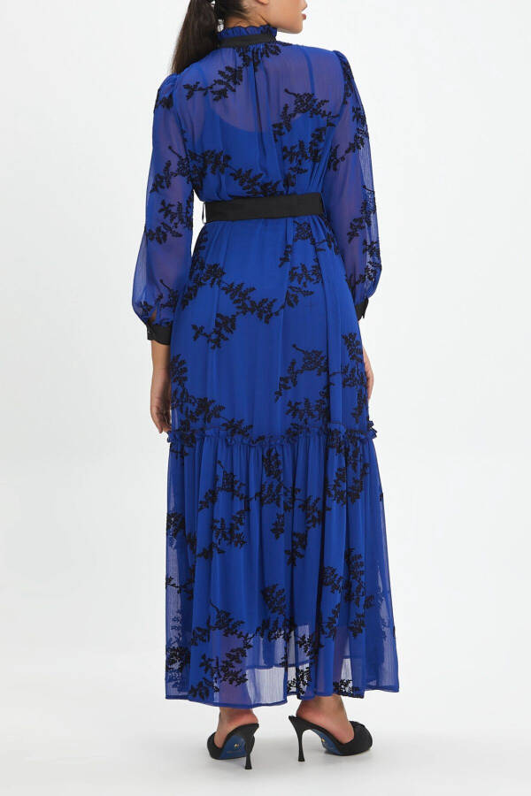 Belted Trucker-Sleeved Ruffle Floral Long Saks Black Dress 40411 - 2