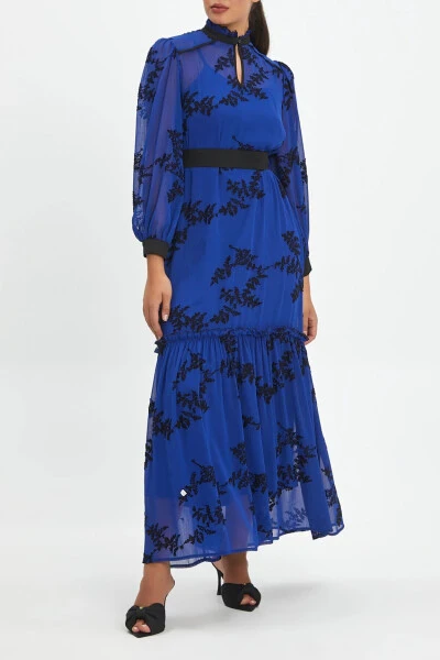 Belted Trucker-Sleeved Ruffle Floral Long Saks Black Dress 40411 - 4