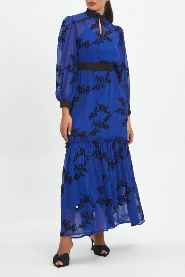 Belted Trucker-Sleeved Ruffle Floral Long Saks Black Dress 40411 - 4