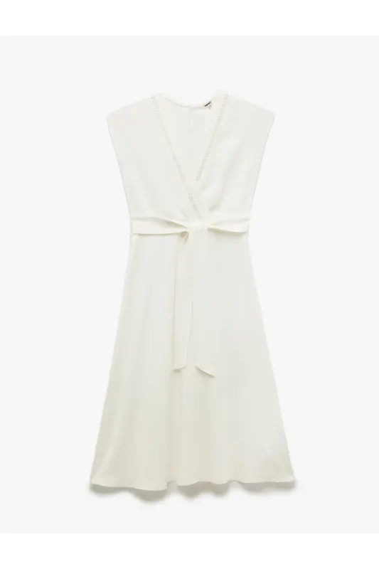 Belted Viscose-Linen Blend Midi Sleeveless Wrap Dress - 3