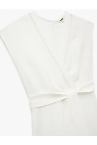 Belted Viscose-Linen Blend Midi Sleeveless Wrap Dress - 5