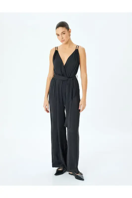 Belted Wide Leg Jumpsuit with Crossover Straps - KOTON