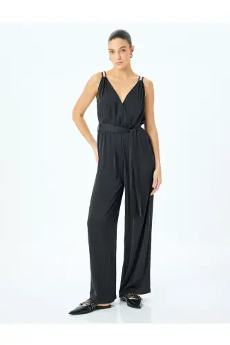 Belted Wide Leg Jumpsuit with Crossover Straps - 3