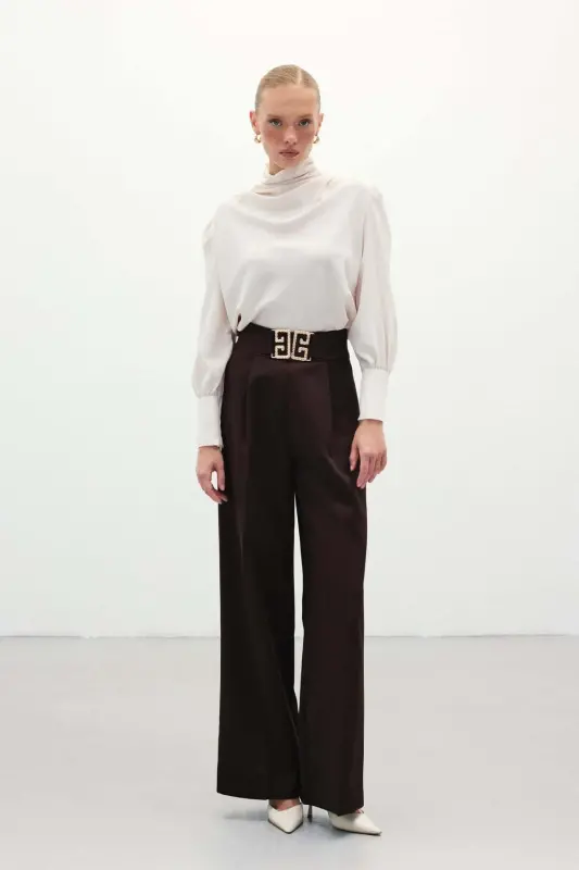 Belted Wide Leg Trousers - COFFEE-COFFEE - SATEEN
