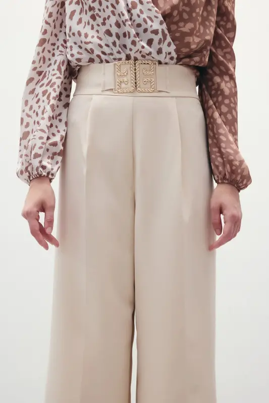 Belted Wide Leg Trousers - Stone-STONE - 5