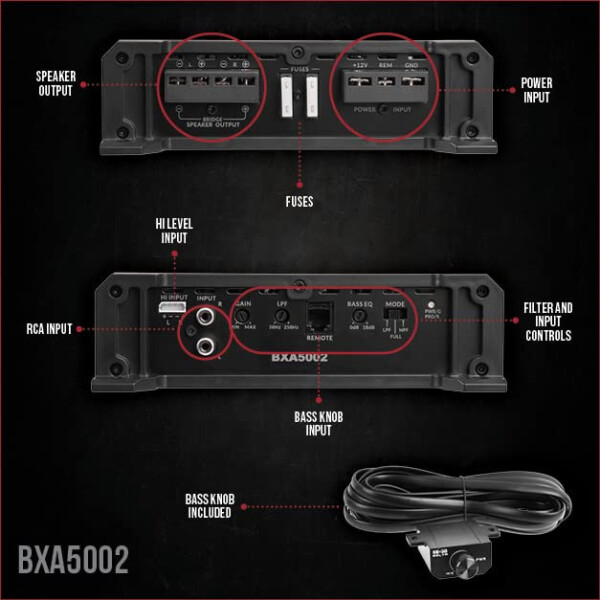 Belva BXA5002 500W Peak BX-Series 2-Ohm stable Class-A/B 2-Channel Car Audio MOSFET Amplifier with Remote Subwoofer Level Control - Belva (1)