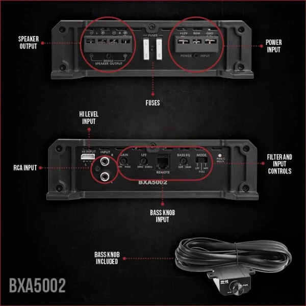 Belva BXA5002 500W Peak BX-Series 2-OModazone Stable Class-A/B 2-Channel Car Audio MOSFET Amplifier with Remote Subwoofer Level Control - Belva (1)
