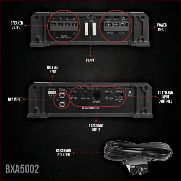 Belva BXA5002 500W Peak BX-Series 2-OModazone Stable Class-A/B 2-Channel Car Audio MOSFET Amplifier with Remote Subwoofer Level Control - 2