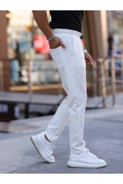 Белые мужские спортивные брюки с завязками, эластичным поясом, прямыми штанинами, текстурированные - DOMODA