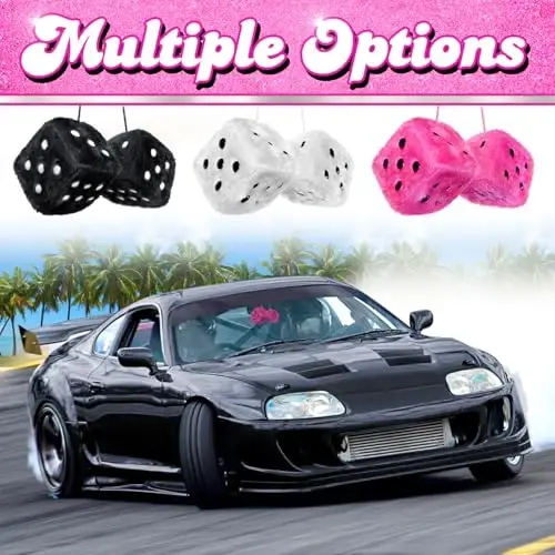 Белые пушистые игральные кости автомобильные аксессуары - плюшевые милые автомобильные аксессуары для интерьера - плюшевые украшения для подвешивания на зеркало заднего вида - ретро Y2K McBling эстетика 2000-х годов девчачий декор - белый и черный - 5