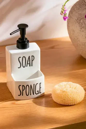 Белый дозатор для жидкого мыла и подставка для губки из фарфора Soap&Sponge - WOODCEPT (1)