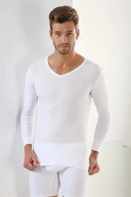Белый комплект из 2 мужских боди с длинным рукавом V-образным вырезом Basic 100% хлопок Rib - 3