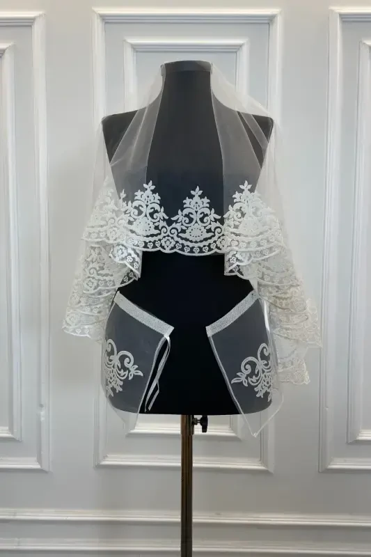 Белый Свадебный Фата Комплект Классический Узор Флок Печать С Блестками Хна Фата-FLOKKLASİKBEYAZ - 1