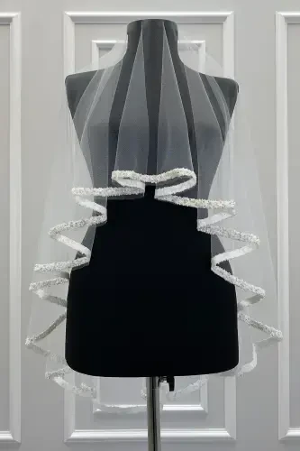 Белый Свадебный Фата Комплект, Хрустальный Бисер и Блестки Печатная Хна Фата, Свадьба, Невеста, Никах-STBEYAZB70 - 2