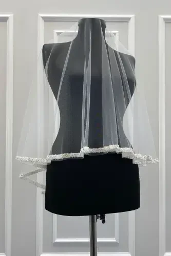 Белый Свадебный Фата Комплект, Хрустальный Бисер и Блестки Печатная Хна Фата, Свадьба, Невеста, Никах-STBEYAZB70 - 3