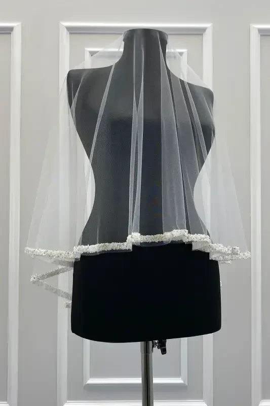 Белый Свадебный Фата Комплект, Хрустальный Бисер и Блестки Печатная Хна Фата, Свадьба, Невеста, Никах-STBEYAZB70 - 3