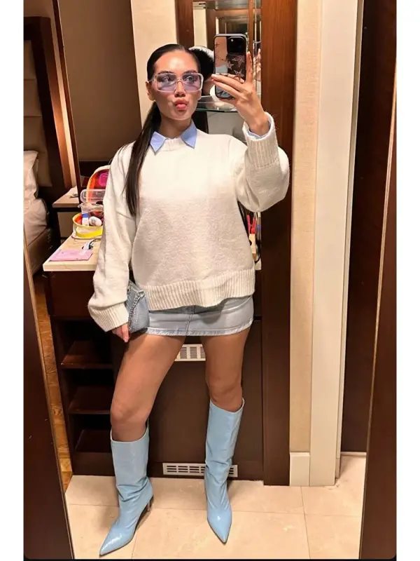 Белый Трикотажный Свитер Оверсайз с Круглым Вырезом Mg1972-Белый - 2