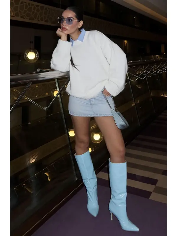 Белый Трикотажный Свитер Оверсайз с Круглым Вырезом Mg1972-Белый - 6