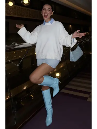 Белый Трикотажный Свитер Оверсайз с Круглым Вырезом Mg1972-Белый - 7