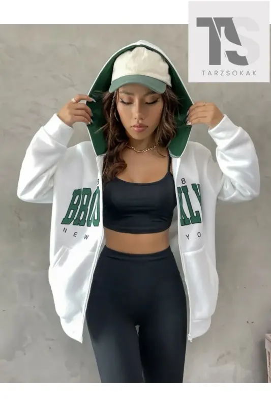 Белый Зеленый Худи на молнии Brooklyn Oversize-белый broklyny - 3
