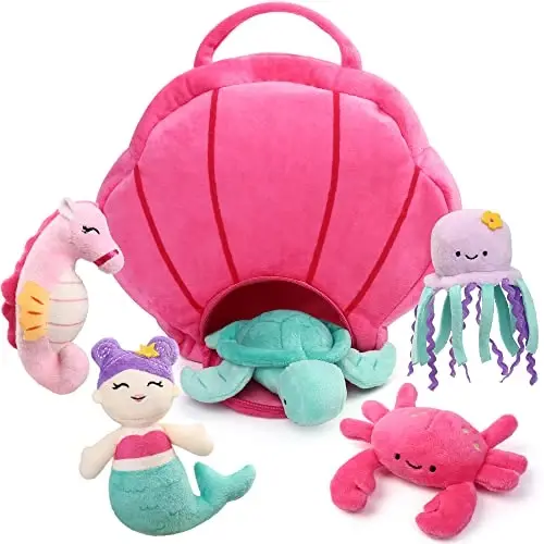 BenBen Ocean Stuffed Animal, 5 Pack Small Sea Creature Plush Toys and Shell Carrying Bag Set, Cute Plushies for Baby Kids, Sea Turtle, Octopus, Mermaid, Seahorse, Crab, Baby Shower, Stocking Stuffers - 1