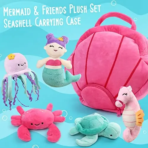 BenBen Ocean Stuffed Animal, 5 Pack Small Sea Creature Plush Toys and Shell Carrying Bag Set, Cute Plushies for Baby Kids, Sea Turtle, Octopus, Mermaid, Seahorse, Crab, Baby Shower, Stocking Stuffers - 4