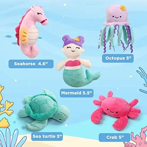 BenBen Ocean Stuffed Animal, 5 Pack Small Sea Creature Plush Toys and Shell Carrying Bag Set, Cute Plushies for Baby Kids, Sea Turtle, Octopus, Mermaid, Seahorse, Crab, Baby Shower, Stocking Stuffers - BENBEN (1)