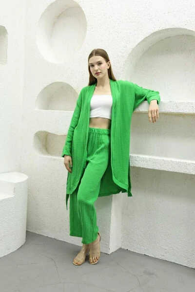Benetton Green Muslin Women's Kimono Pants Two-Piece Set Elastic Waist Straight Leg With Belt - COTTOWOO (1)