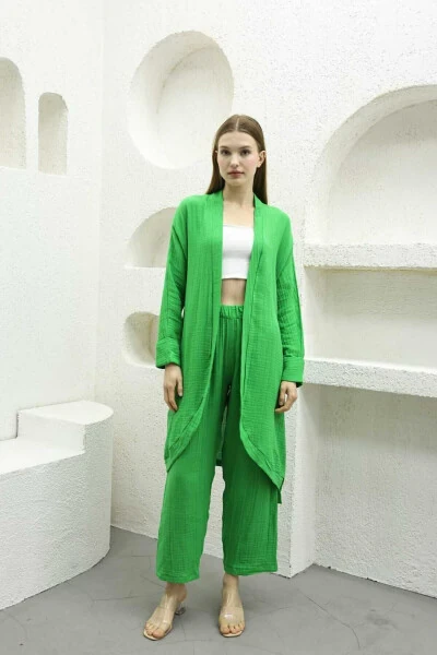 Benetton Green Muslin Women's Kimono Pants Two-Piece Set Elastic Waist Straight Leg With Belt - 5