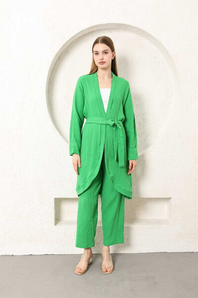 Benetton Green Muslin Women's Kimono Pants Two-Piece Set Elastic Waist Straight Leg With Belt - 10