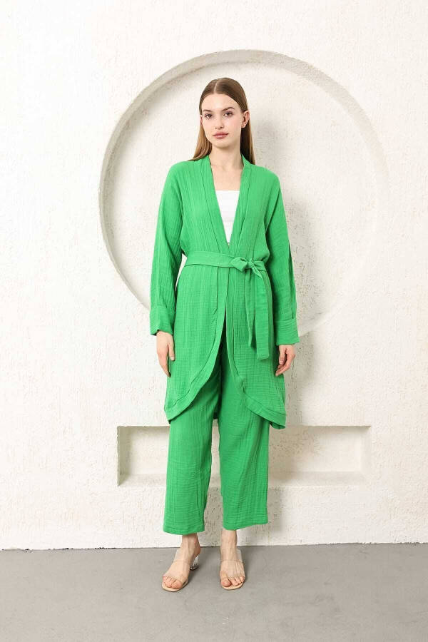 Benetton Green Muslin Women's Kimono Pants Two-Piece Set Elastic Waist Straight Leg With Belt - 10