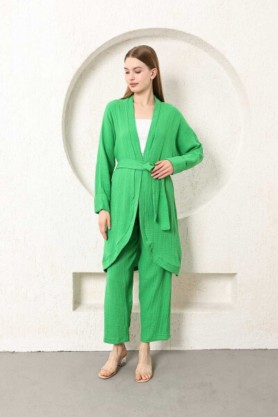 Benetton Green Muslin Women's Kimono Pants Two-Piece Set Elastic Waist Straight Leg With Belt - 13