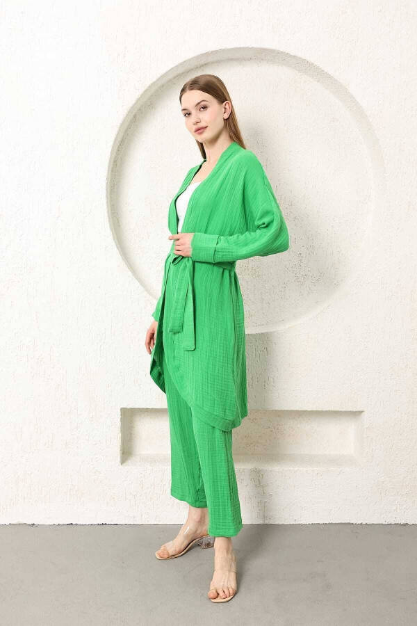 Benetton Green Muslin Women's Kimono Pants Two-Piece Set Elastic Waist Straight Leg With Belt - 17