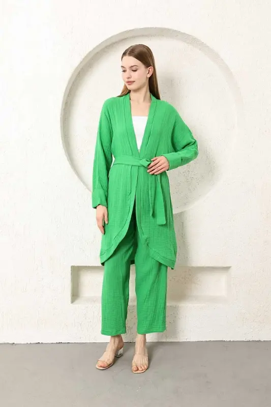 Benetton Green Muslin Women's Kimono Pants Two-Piece Set Elastic Waist Straight Leg With Belt - 4